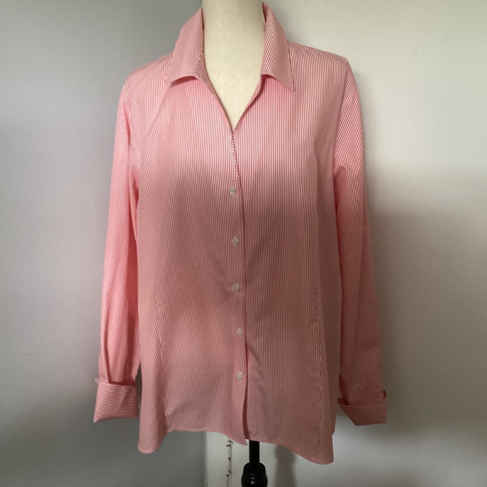 JONES NEW YORK COLLECTION WOMAN 22W BUTTON FRONT SHIRT GORAL WHITE STRIPES